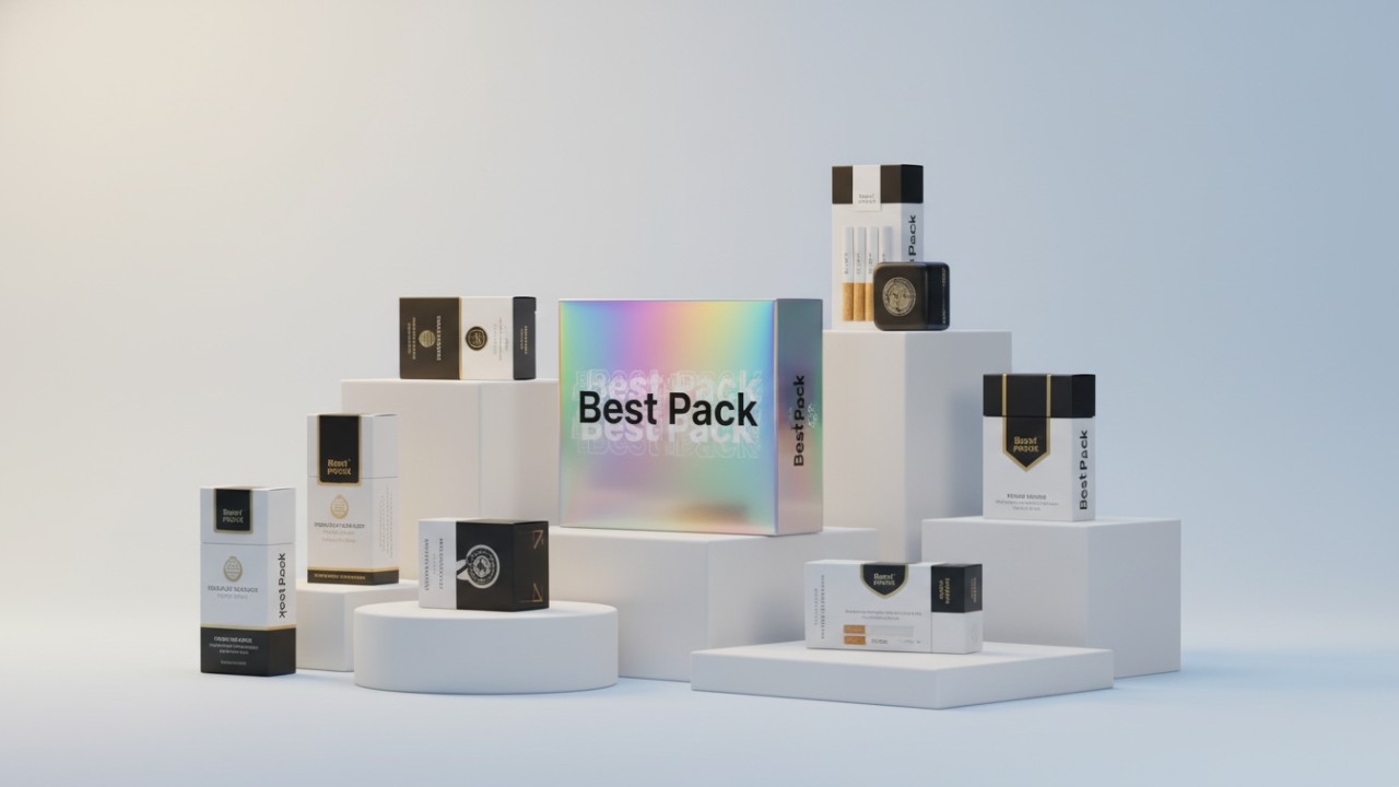 A professional display of various compliant packaging solutions with the Best Pack brand name featured on a central product.