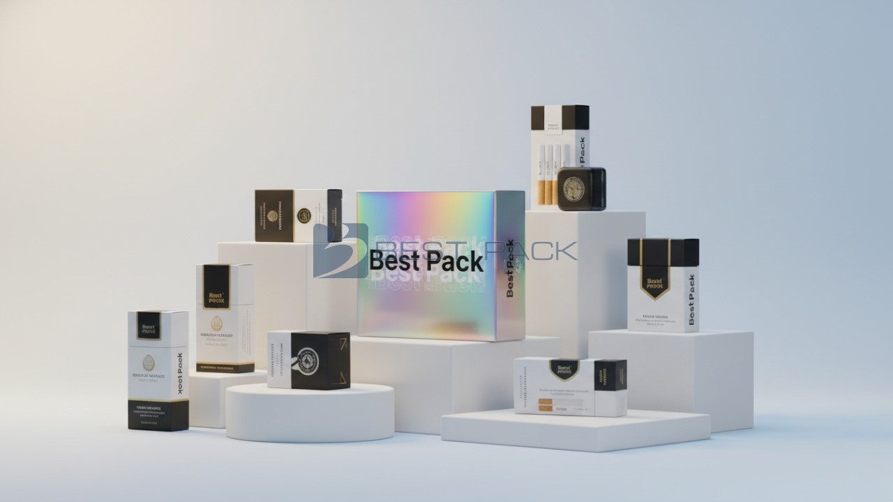 A professional display of various compliant packaging solutions with the Best Pack brand name featured on a central product.
