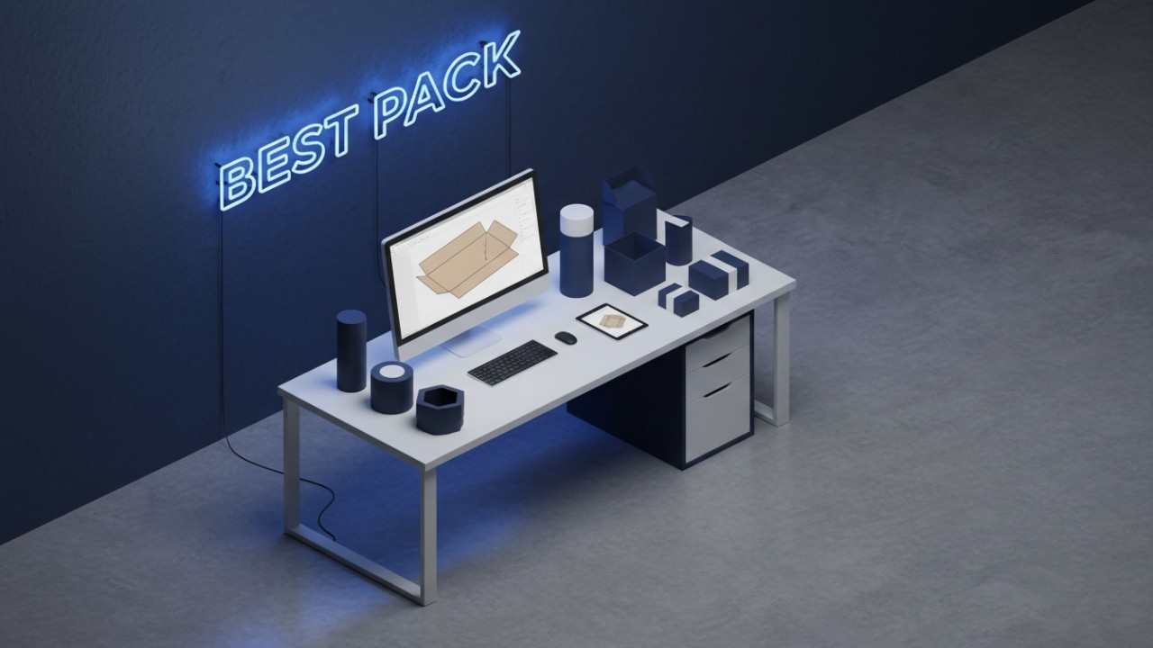A professional packaging design studio featuring technical drawings and a Best Pack neon sign