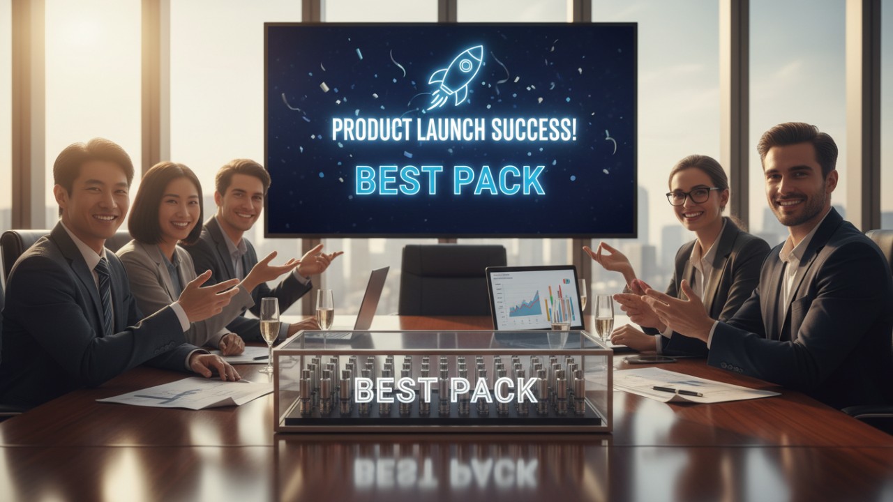 A professional team in a boardroom celebrating a successful packaging project with a Best Pack branded display on the table.