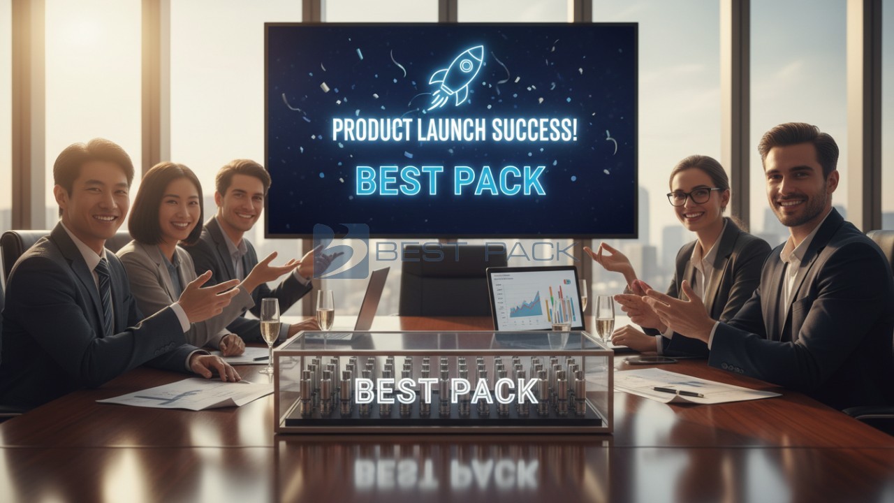 A professional team in a boardroom celebrating a successful packaging project with a Best Pack branded display on the table.