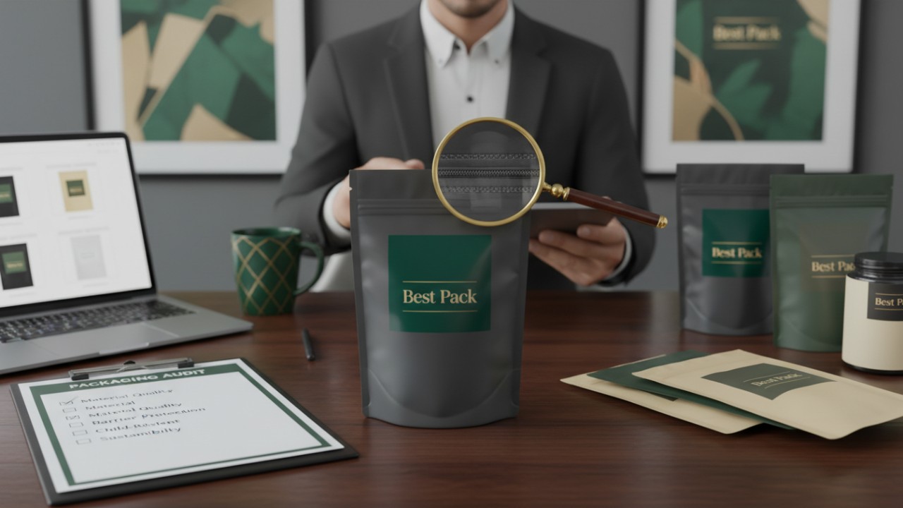 A professional vector illustration of a desk with cannabis packaging samples and a checklist, featuring a high-quality pouch branded with the name Best Pack.