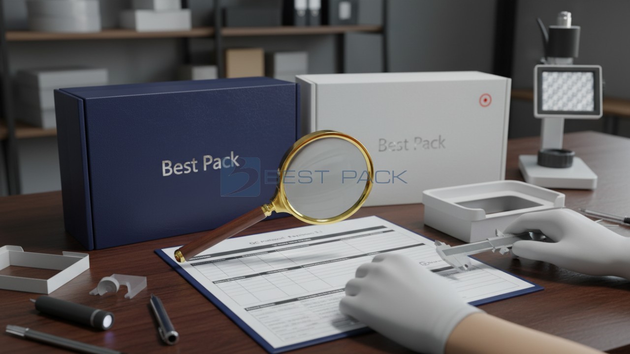 A quality control workspace with packaging samples and a checklist highlighting the Best Pack brand on a product.