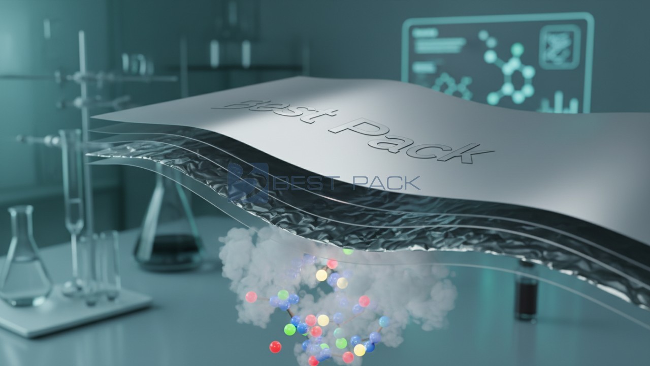 A technical 3D illustration showing the cross-section of multi-layered odor-proof packaging materials with the brand name Best Pack visible on the exterior.
