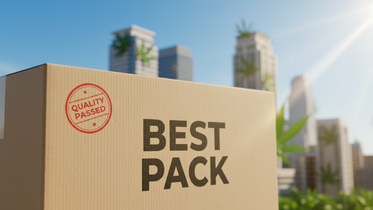 A vector illustration of a Best Pack shipping crate in a modern office setting symbolizing successful compliant packaging delivery.