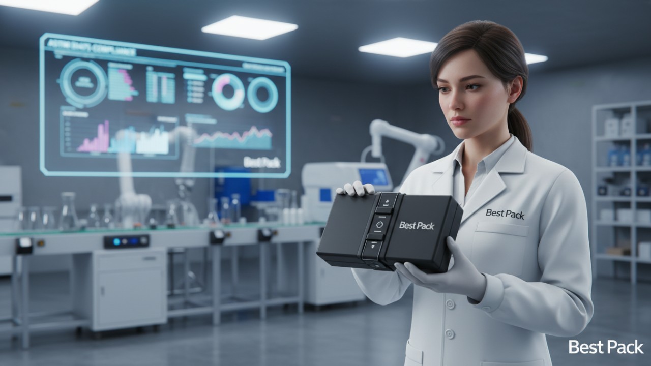 An engineer inspecting a child resistant cannabis box with Best Pack branding in a high-tech manufacturing laboratory.