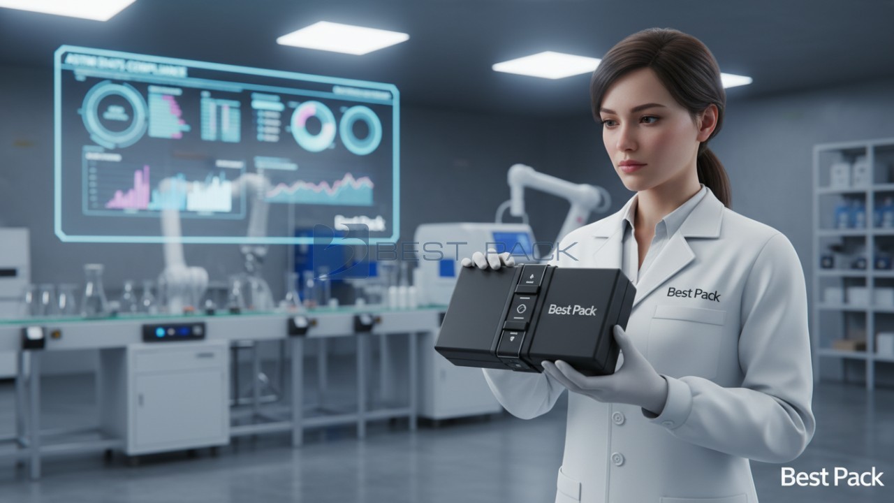 An engineer inspecting a child resistant cannabis box with Best Pack branding in a high-tech manufacturing laboratory.