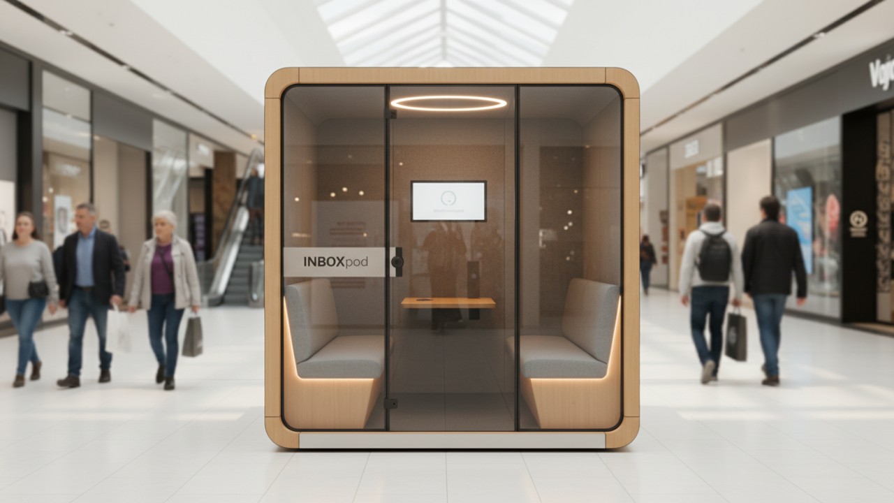 A modern modular soundproof booth installed in a busy shopping mall hallway