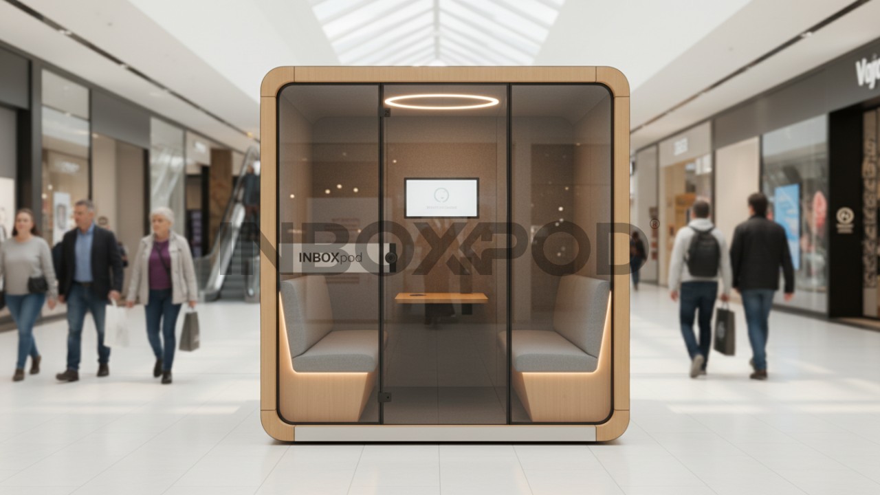 A modern modular soundproof booth installed in a busy shopping mall hallway