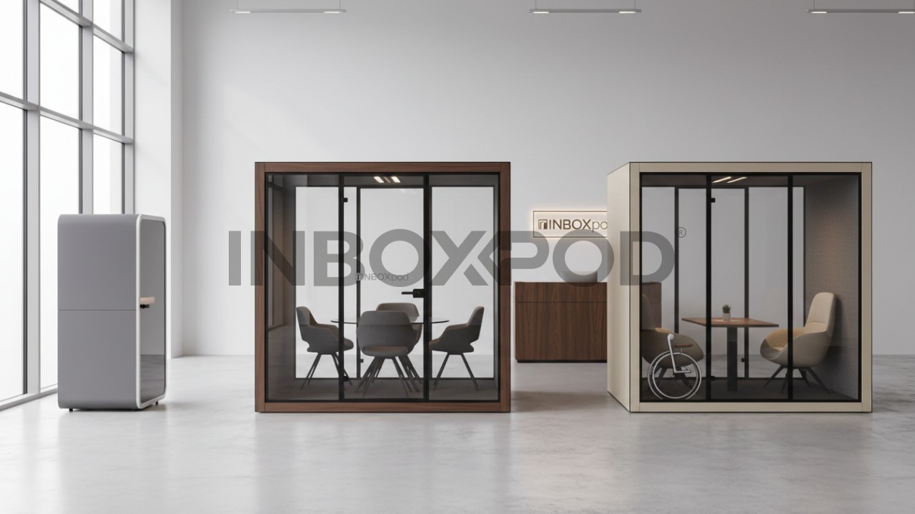 Different types of office privacy booths including phone booths and multi person meeting pods