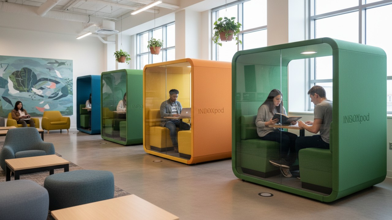 Diverse students using modular study pods in a university lounge