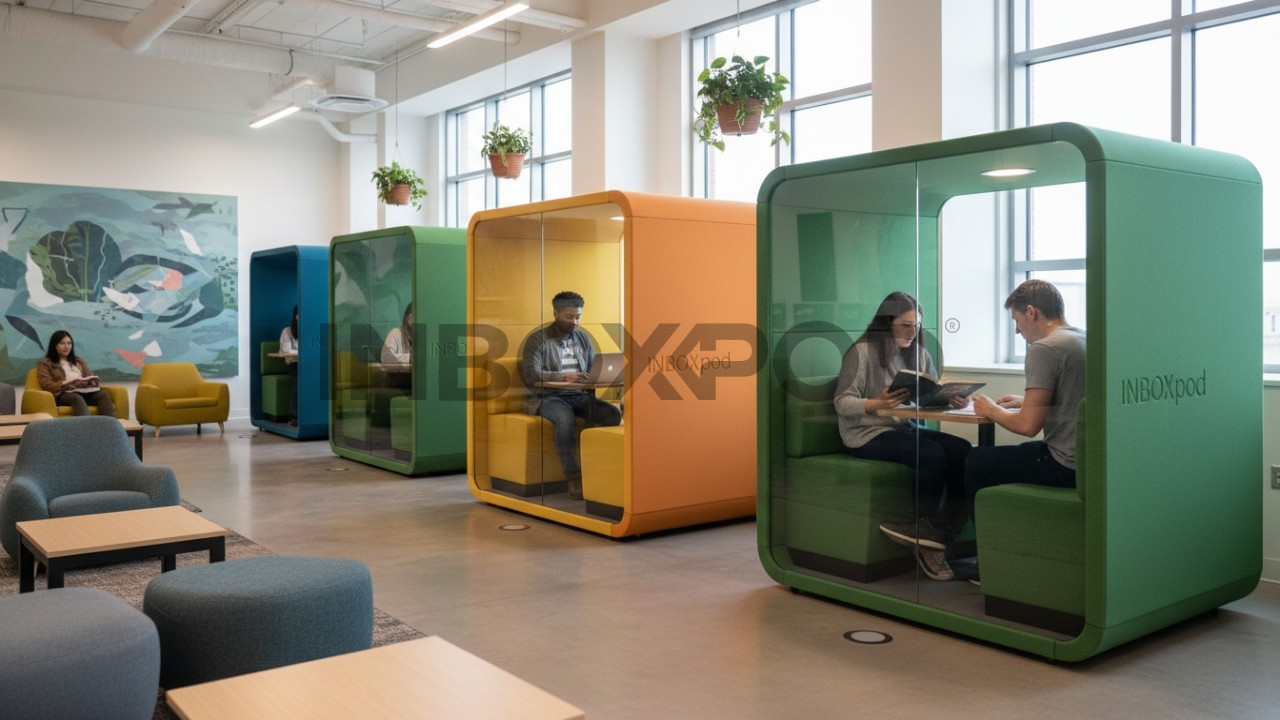 Diverse students using modular study pods in a university lounge