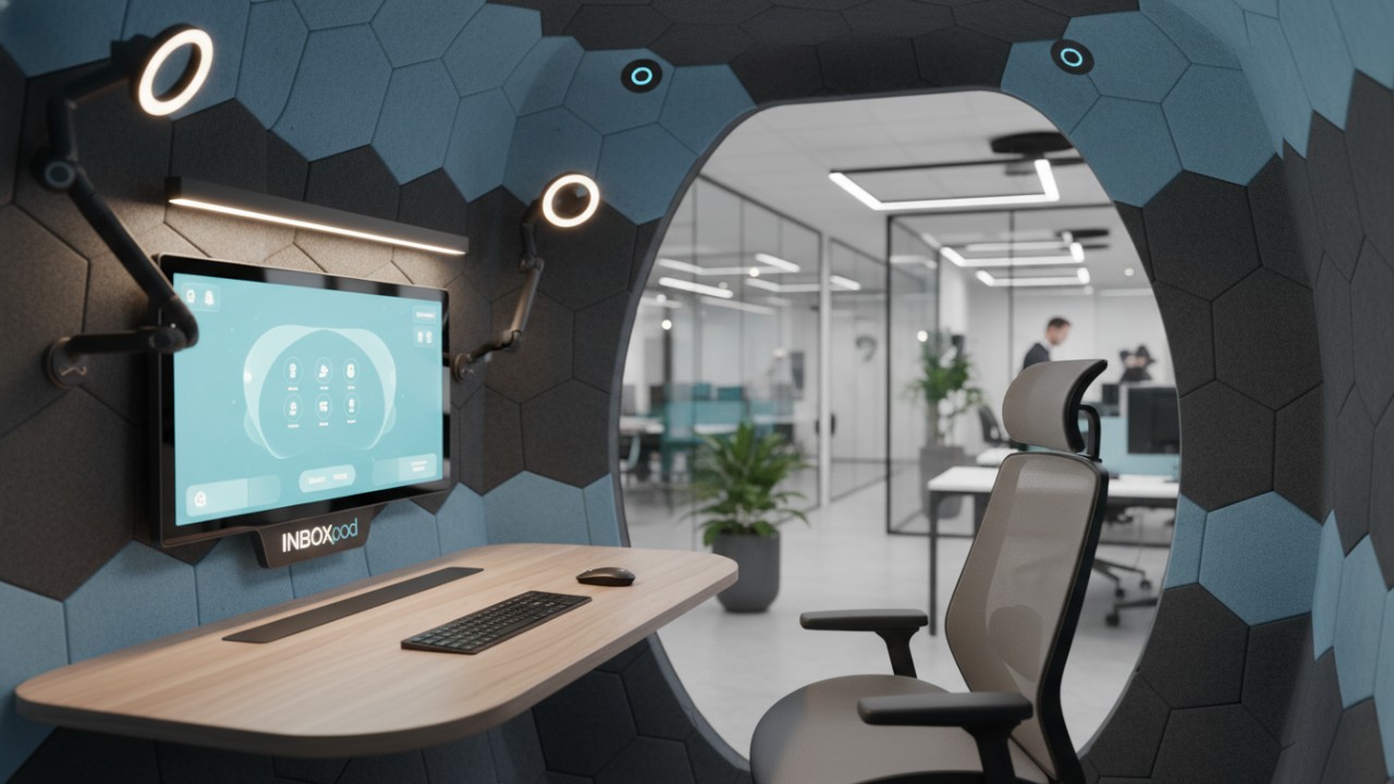 Interior of a high tech acoustic office pod with smart controls and professional lighting