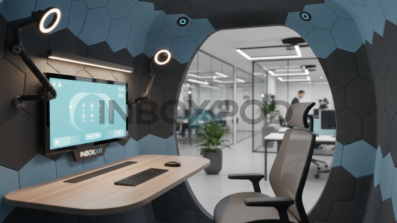 Interior of a high tech acoustic office pod with smart controls and professional lighting