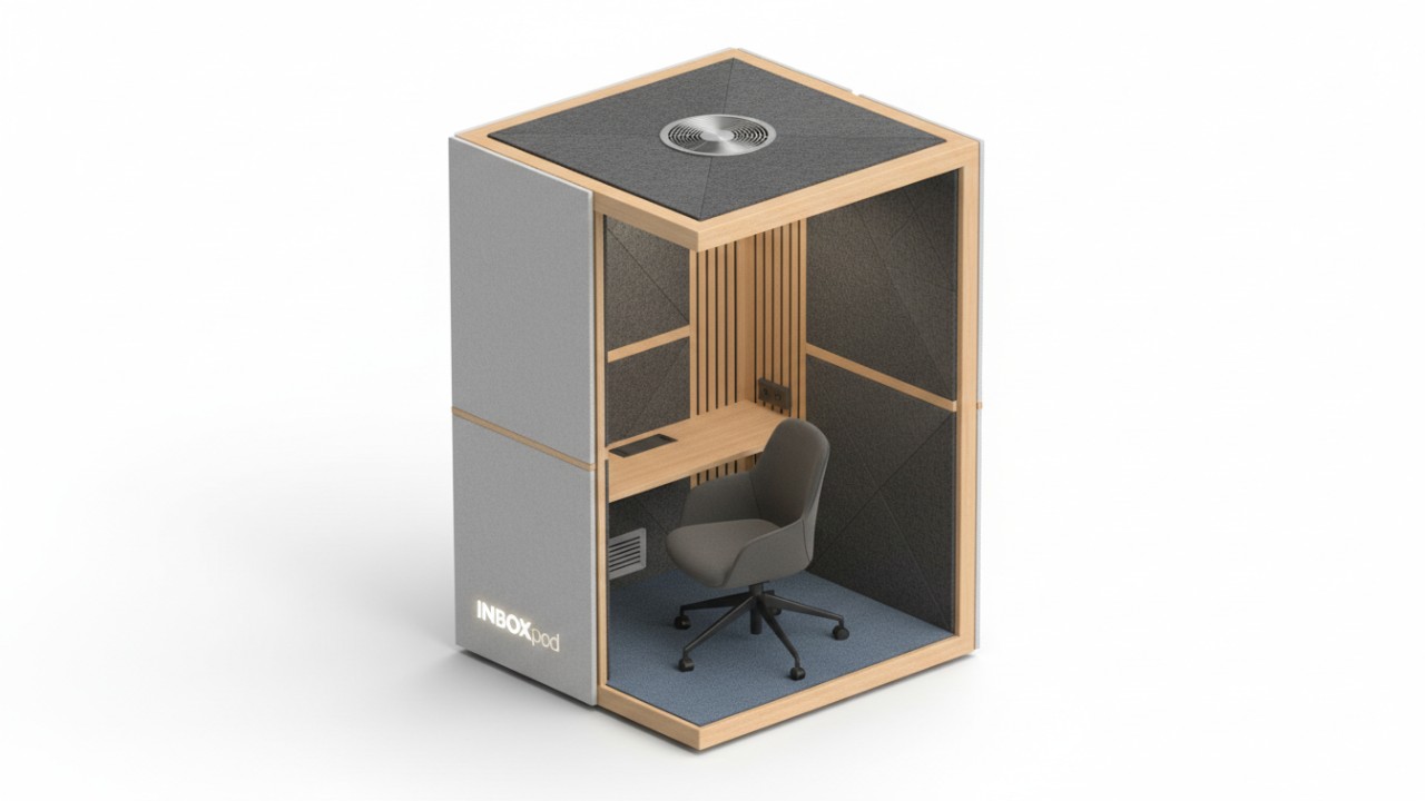 Isometric view of a modular acoustic office booth and its components