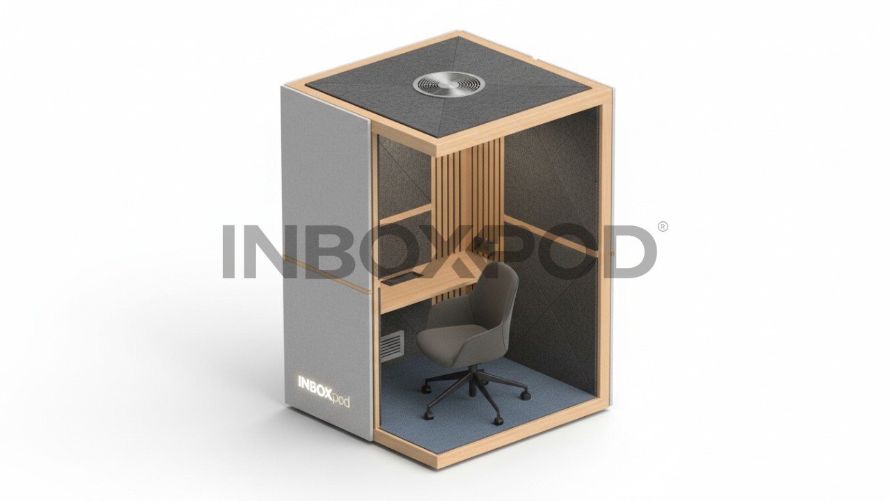 Isometric view of a modular acoustic office booth and its components