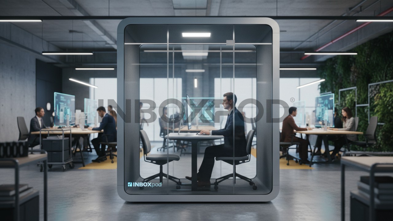 Modern glass soundproof pod in a busy open plan office