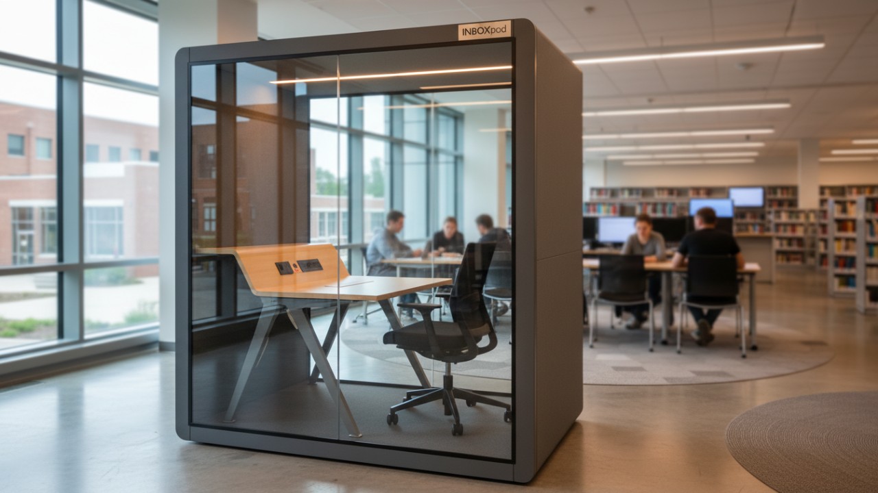 Modern modular study pod with soundproof glass in a school library