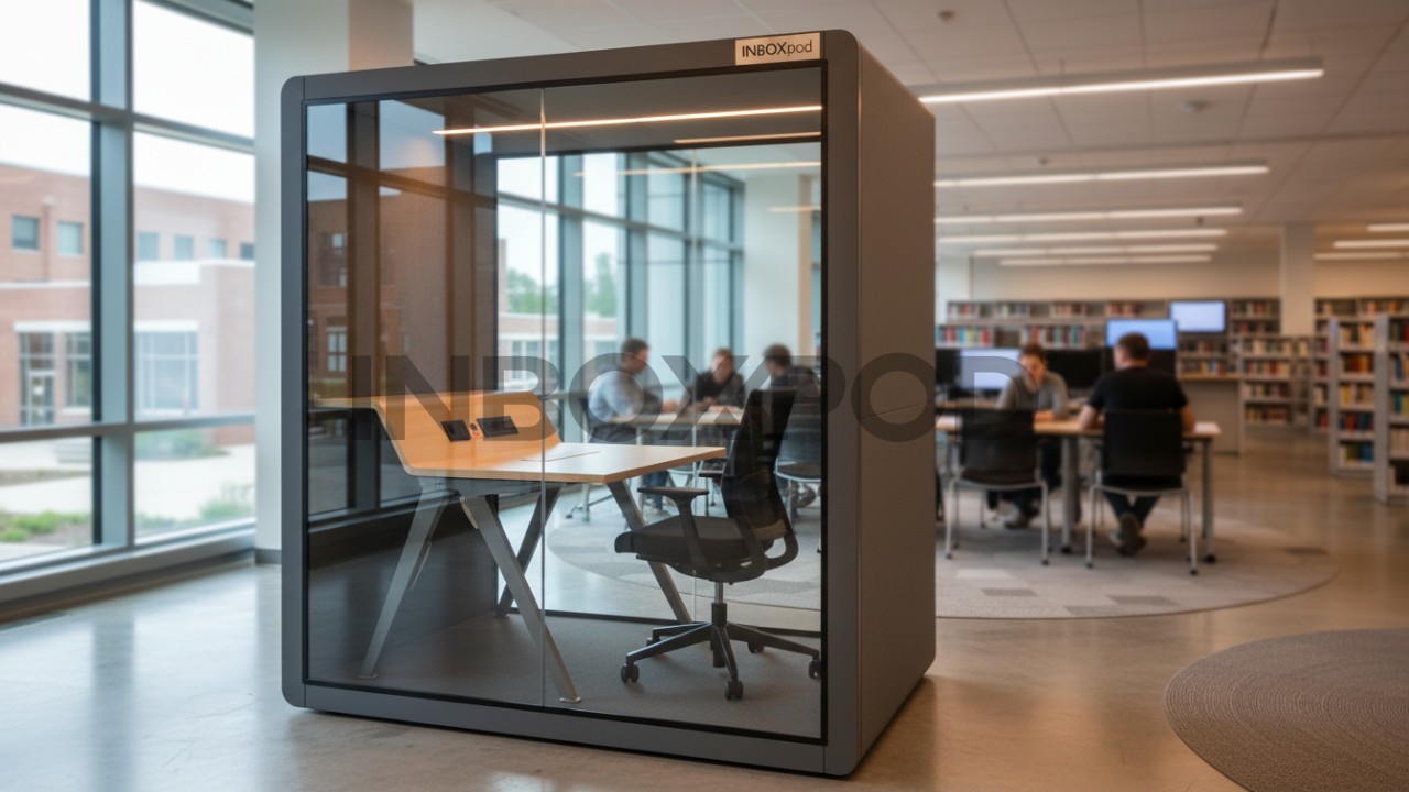 Modern modular study pod with soundproof glass in a school library