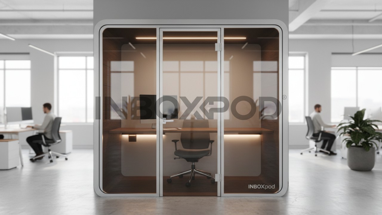 Modern single person soundproof office pod in a bright open plan workplace