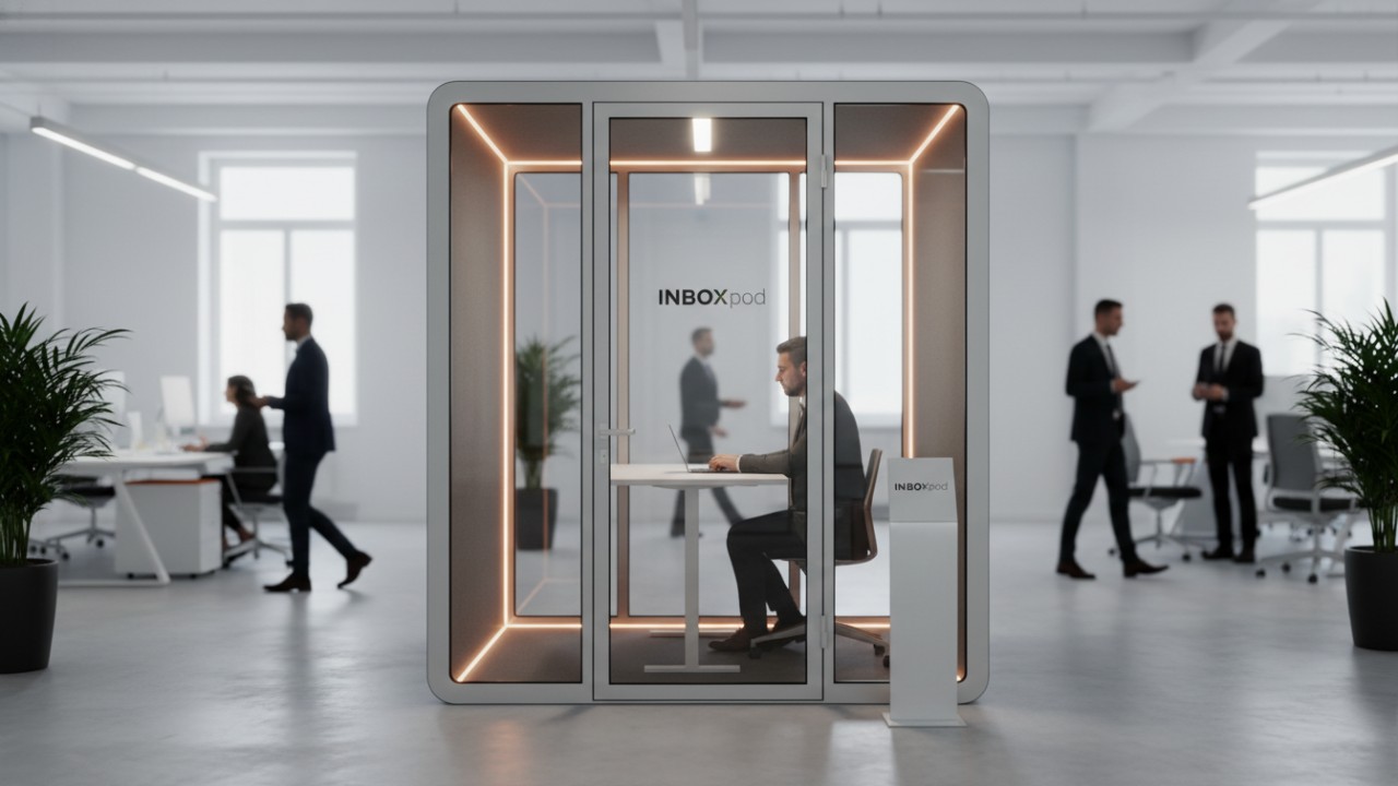 Modern soundproof office pod providing a quiet workspace in a busy open plan office