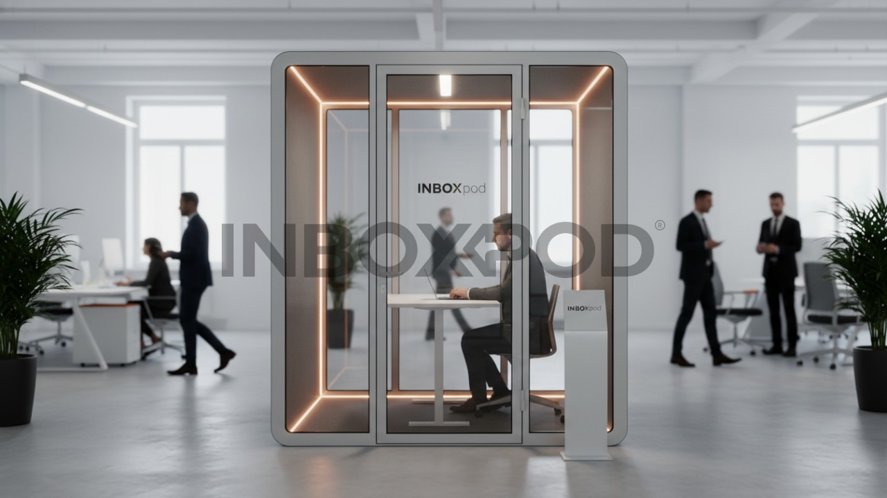 Modern soundproof office pod providing a quiet workspace in a busy open plan office