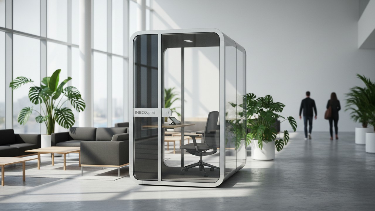 Modern soundproof pod in a bright open plan office environment