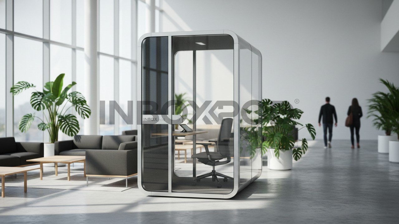 Modern soundproof pod in a bright open plan office environment