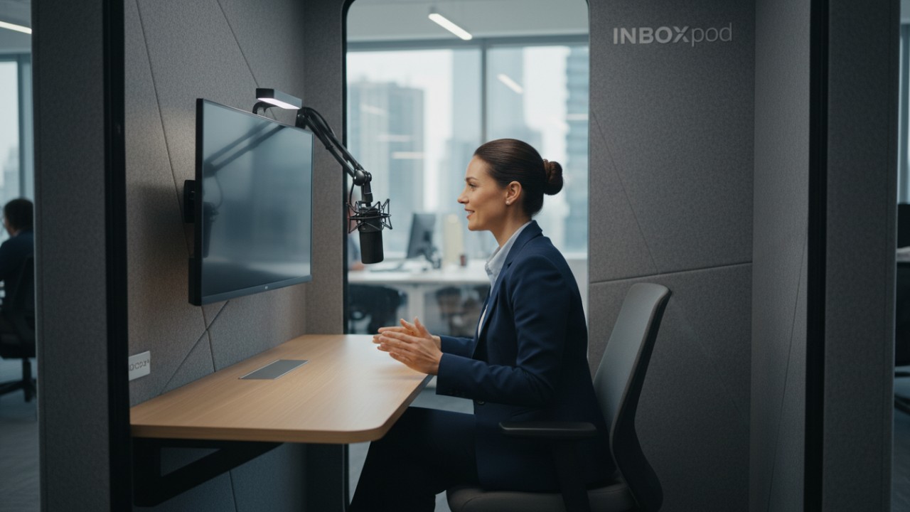 Professional woman using a soundproof office booth for a video call