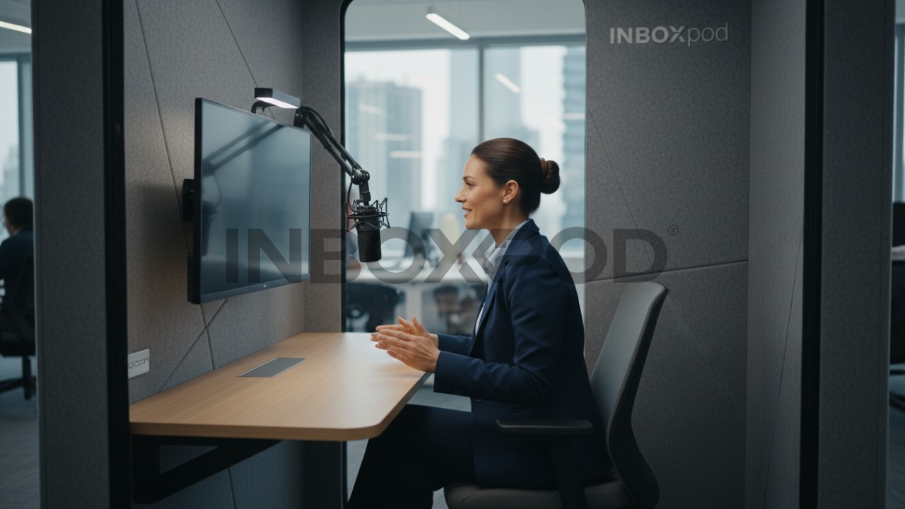 Professional woman using a soundproof office booth for a video call