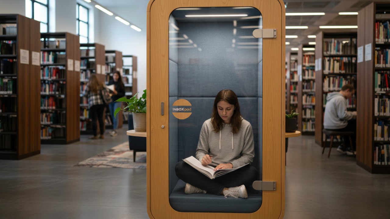 Student studying inside a soundproof pod in a university library
