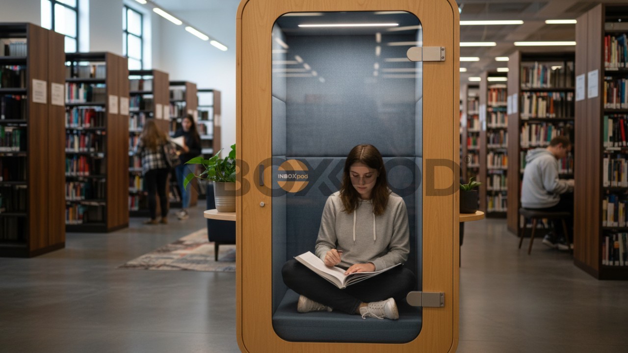 Student studying inside a soundproof pod in a university library