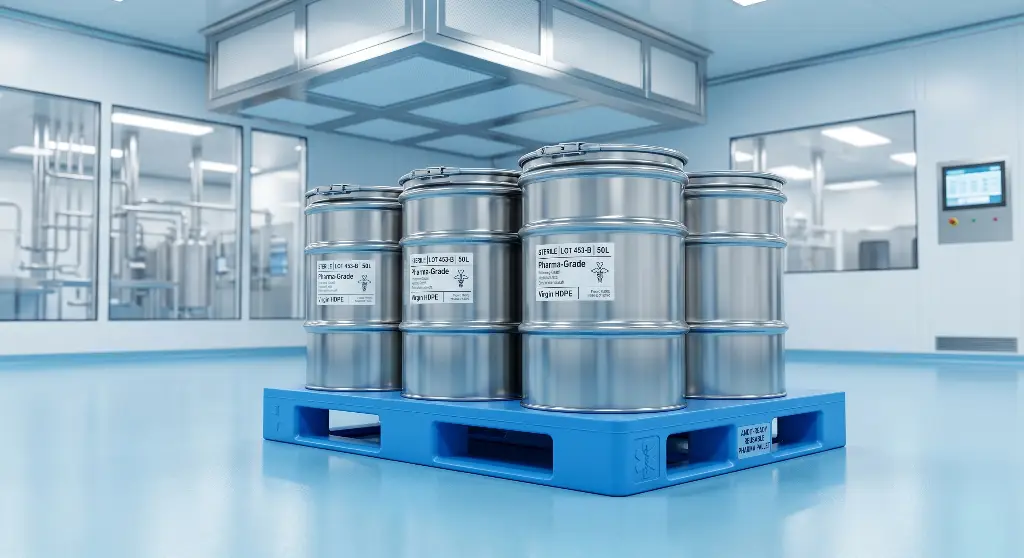a bright white or medical-blue flat-top plastic pallet sitting， loaded with stainless steel medical drums - Weihong