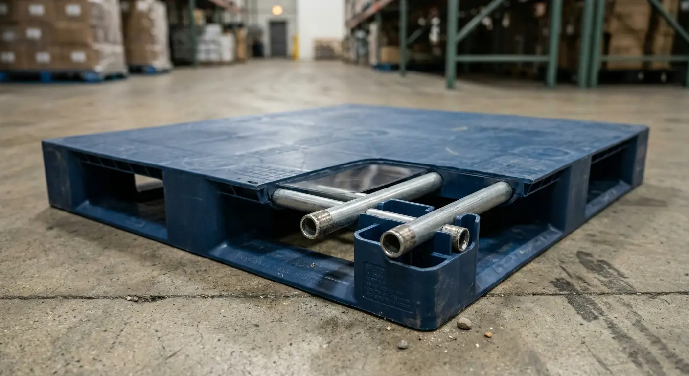 a heavy-duty closed-deck plastic pallet with visible steel reinforcement tubes embedded inside, sitting on a warehouse floor.