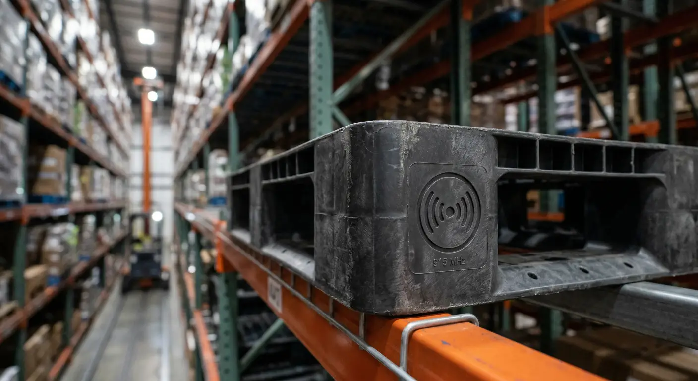 a heavy-duty plastic pallet with a visible RFID symbol stamped on the corner, resting securely on the steel beams of an automated high-bay rack a heavy-duty plastic pallet with a visible RFID symbol stamped on the corner, resting securely on the steel beams of an automated high-bay rack