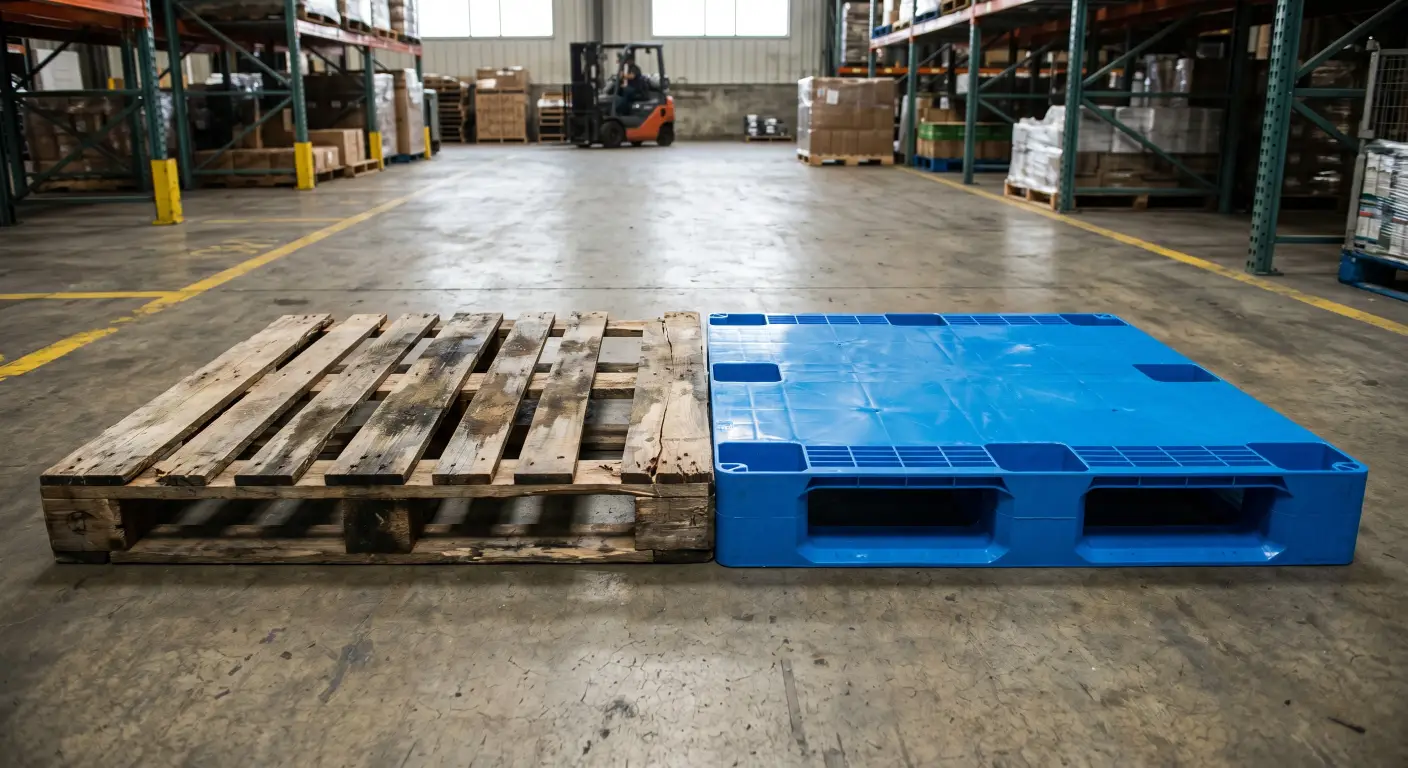 Comparaison côte à côte d'une palette en bois fendue et gorgée d'eau et d'une palette en plastique bleu robuste et impeccable