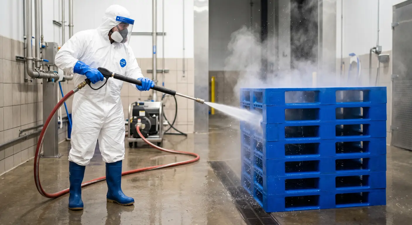 a worker in sanitary gear using a high-pressure hot water hose to quickly clean a batch of blue closed-deck plastic pallets. a worker in sanitary gear using a high-pressure hot water hose to quickly clean a batch of blue closed-deck plastic pallets.