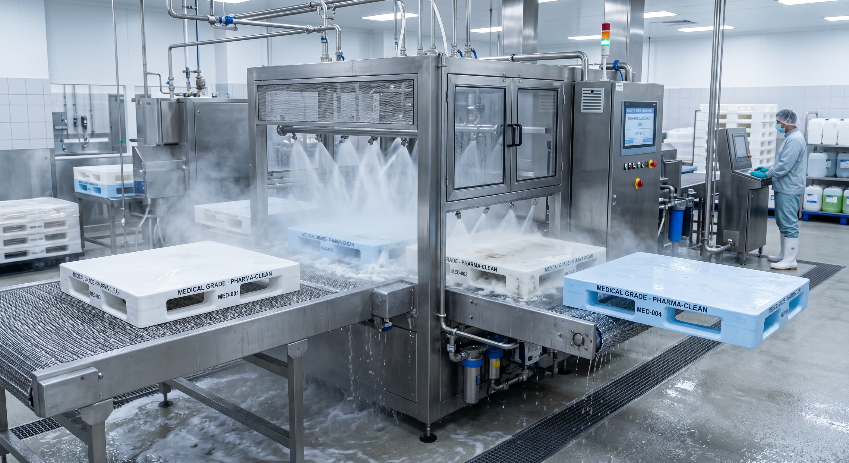 Automated high-pressure washing machine sanitizing flat-top medical plastic pallets.
