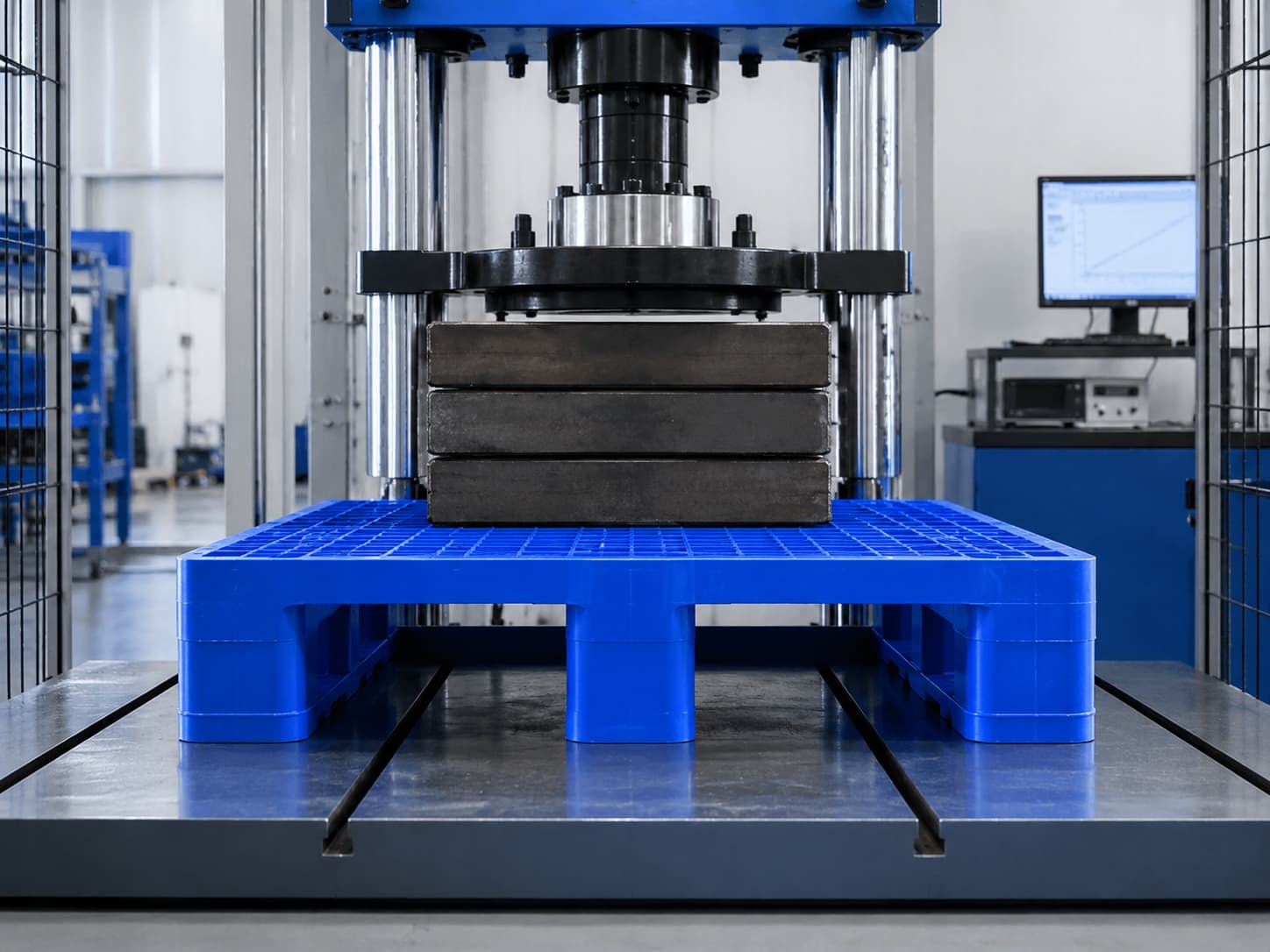 Blue plastic pallet undergoing load-bearing compression test for strength and durability verification