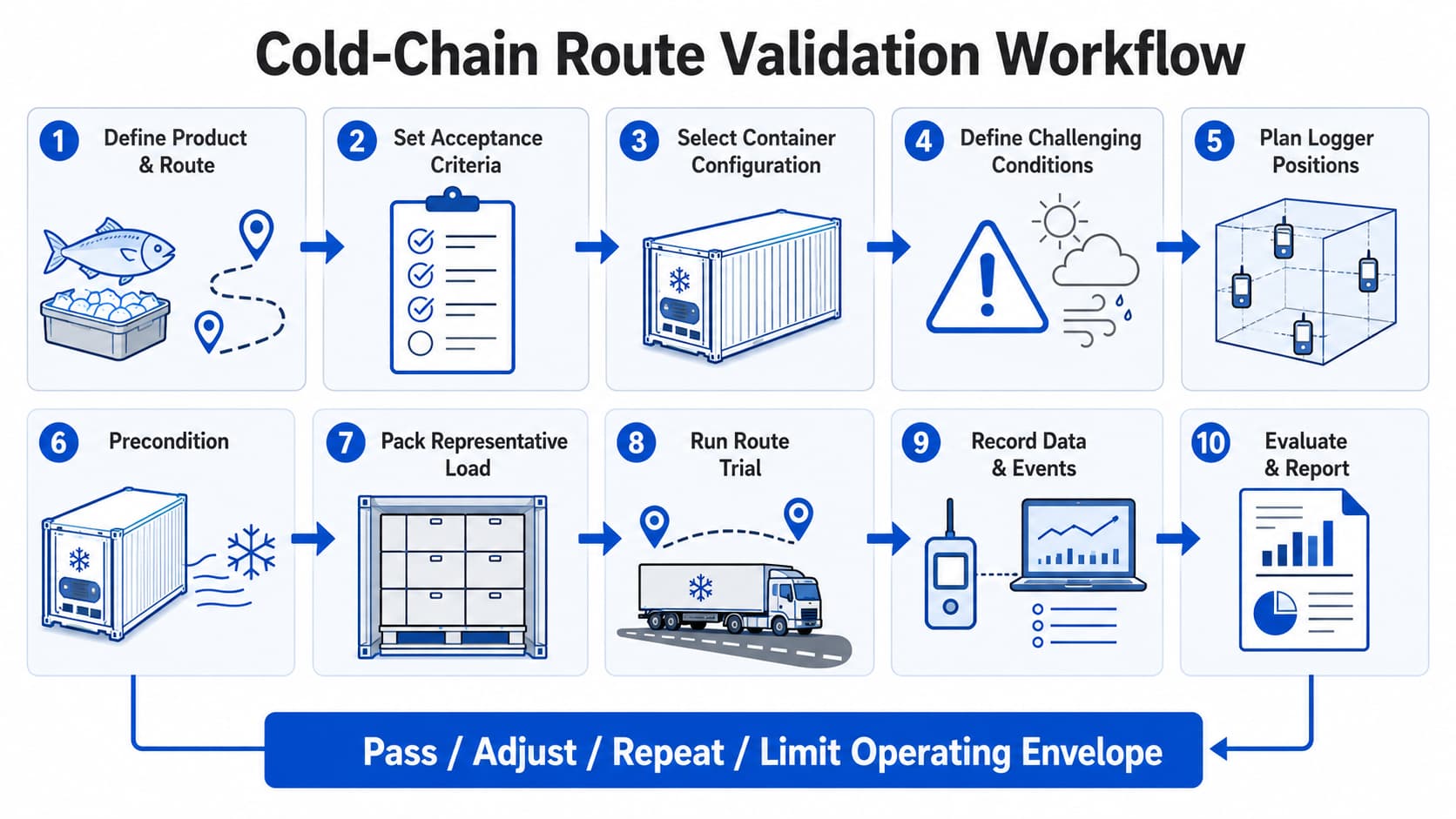 Cold-chain route validation workflow for insulated seafood containers