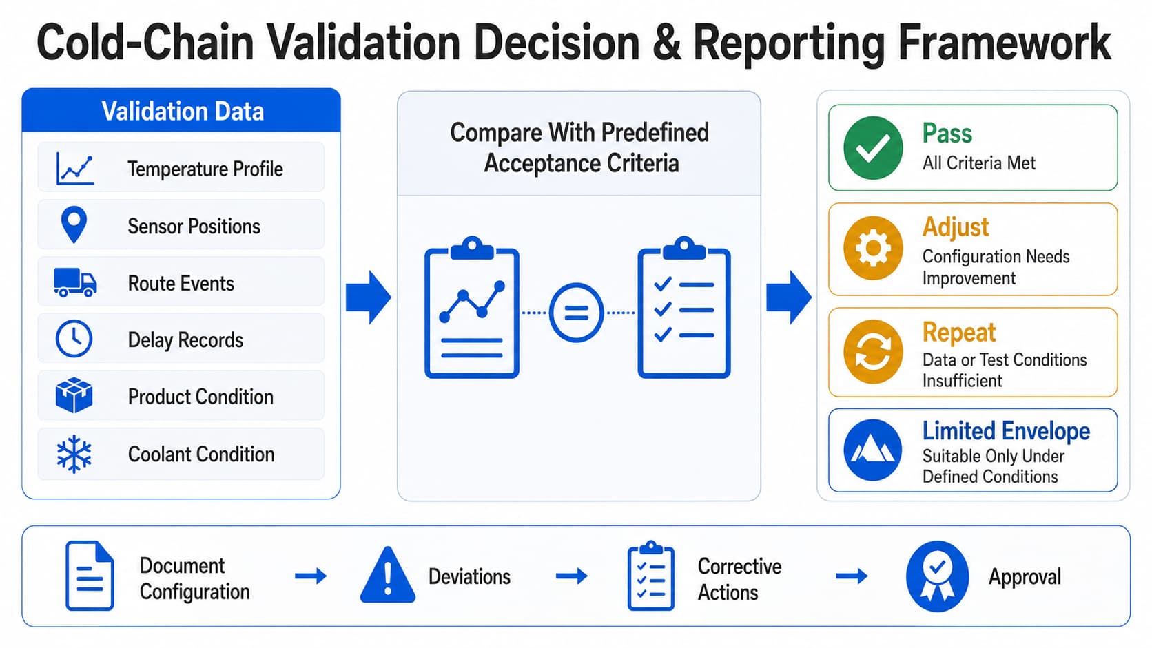 Cold-chain validation pass, adjust, repeat, and operating envelope decision framework
