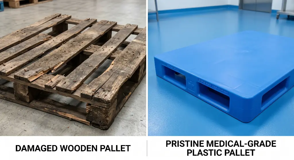 Comparison image Wooden pallet vs. blue medical-grade plastic pallet Comparison image Wooden pallet vs. blue medical-grade plastic pallet