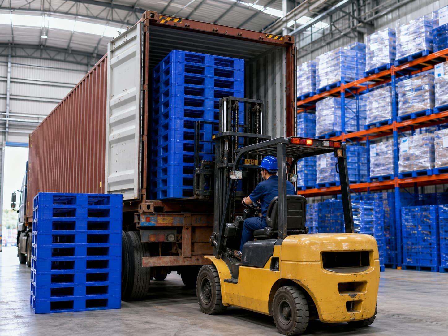 Forklift loading stacked blue plastic pallets into shipping container for bulk export and warehouse logistics
