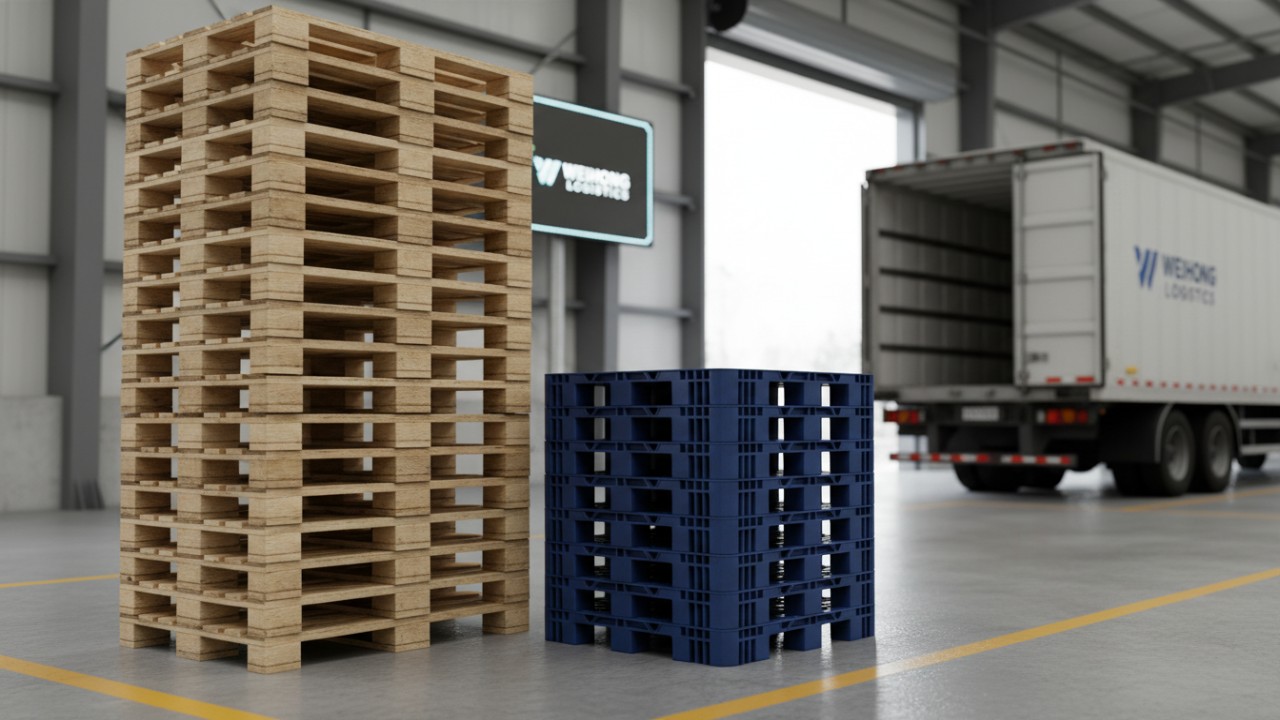 Graphic comparing the storage height of nested plastic pallets versus traditional wooden pallets
