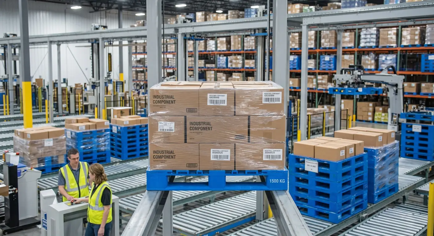 heavy-duty plastic pallet loaded with heavy industrial goods, sitting perfectly straight without any bowing on a steel high-bay rack. (2)