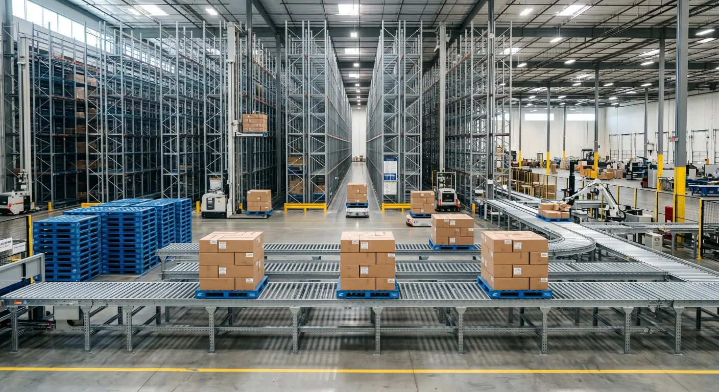 heavy-duty plastic pallets loaded with industrial boxes seamlessly moving along a metal roller conveyor system - Weihong