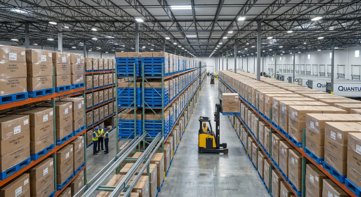 high-bay racking systems loaded with uniform blue plastic pallets.