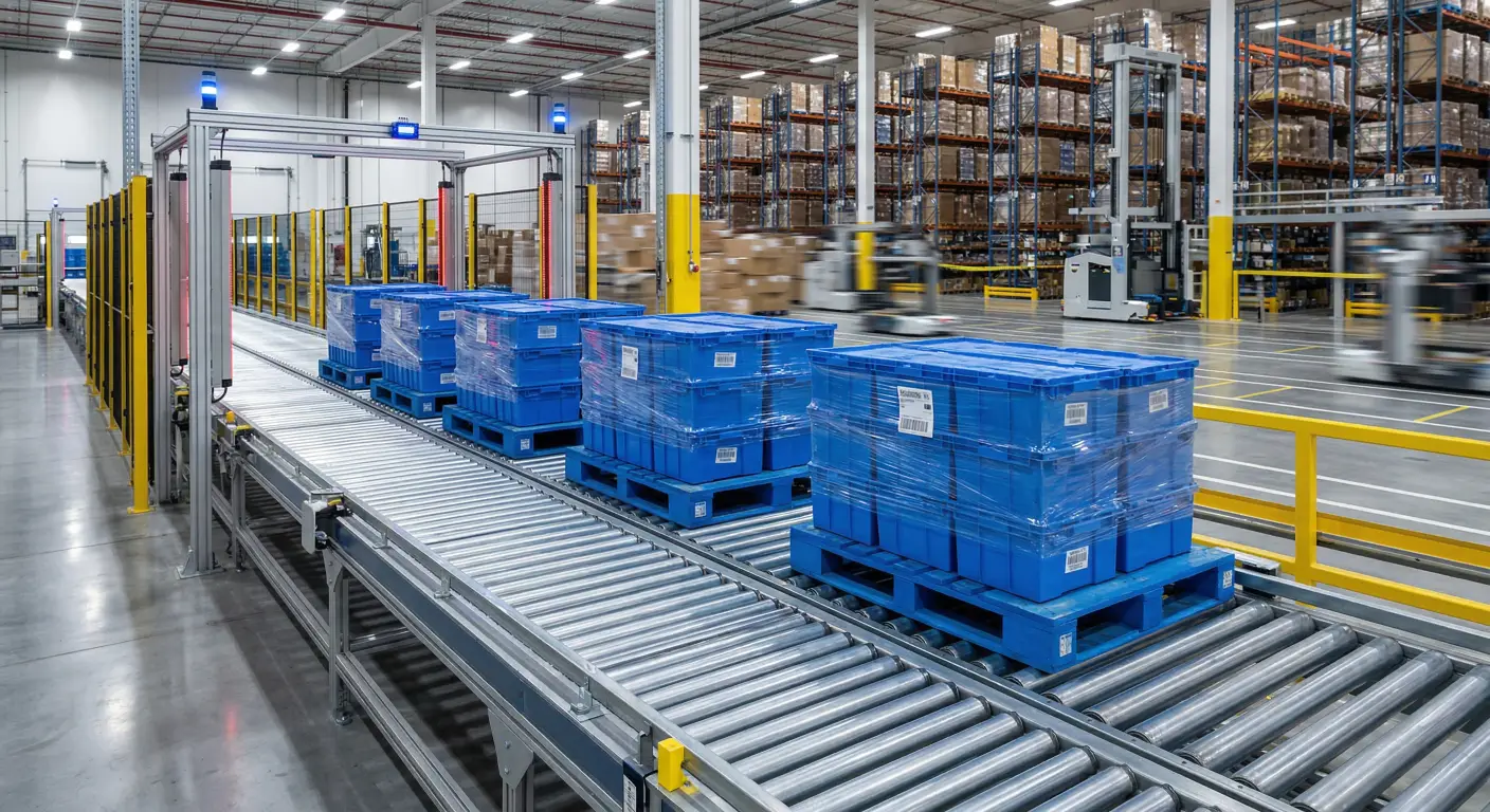 identical blue plastic pallets moving seamlessly along a high-speed roller conveyor belt inside a modern automated warehouse. - Weihong