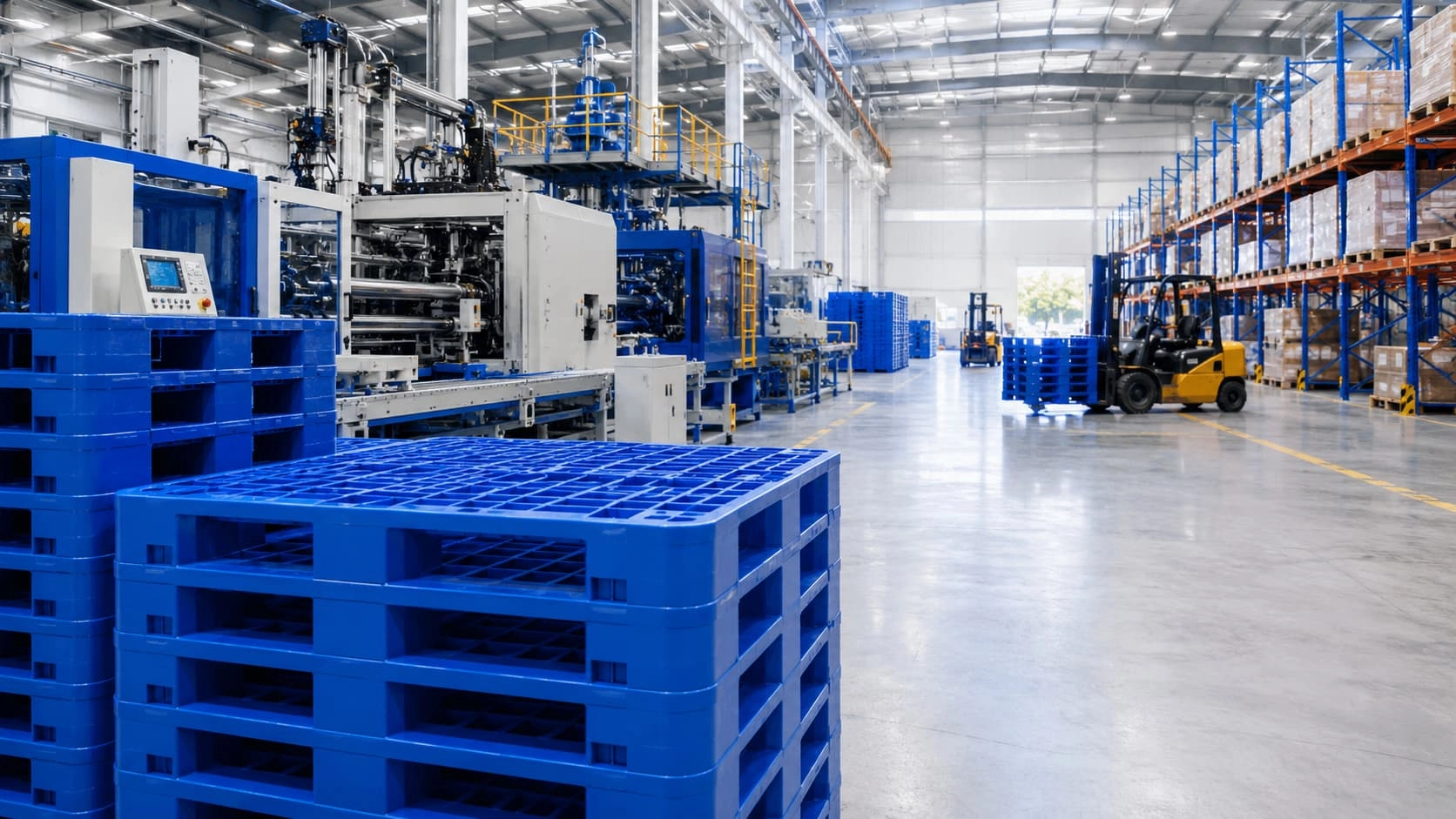 Modern plastic pallet manufacturing factory and warehouse with blue pallets for bulk order supply - Weihong