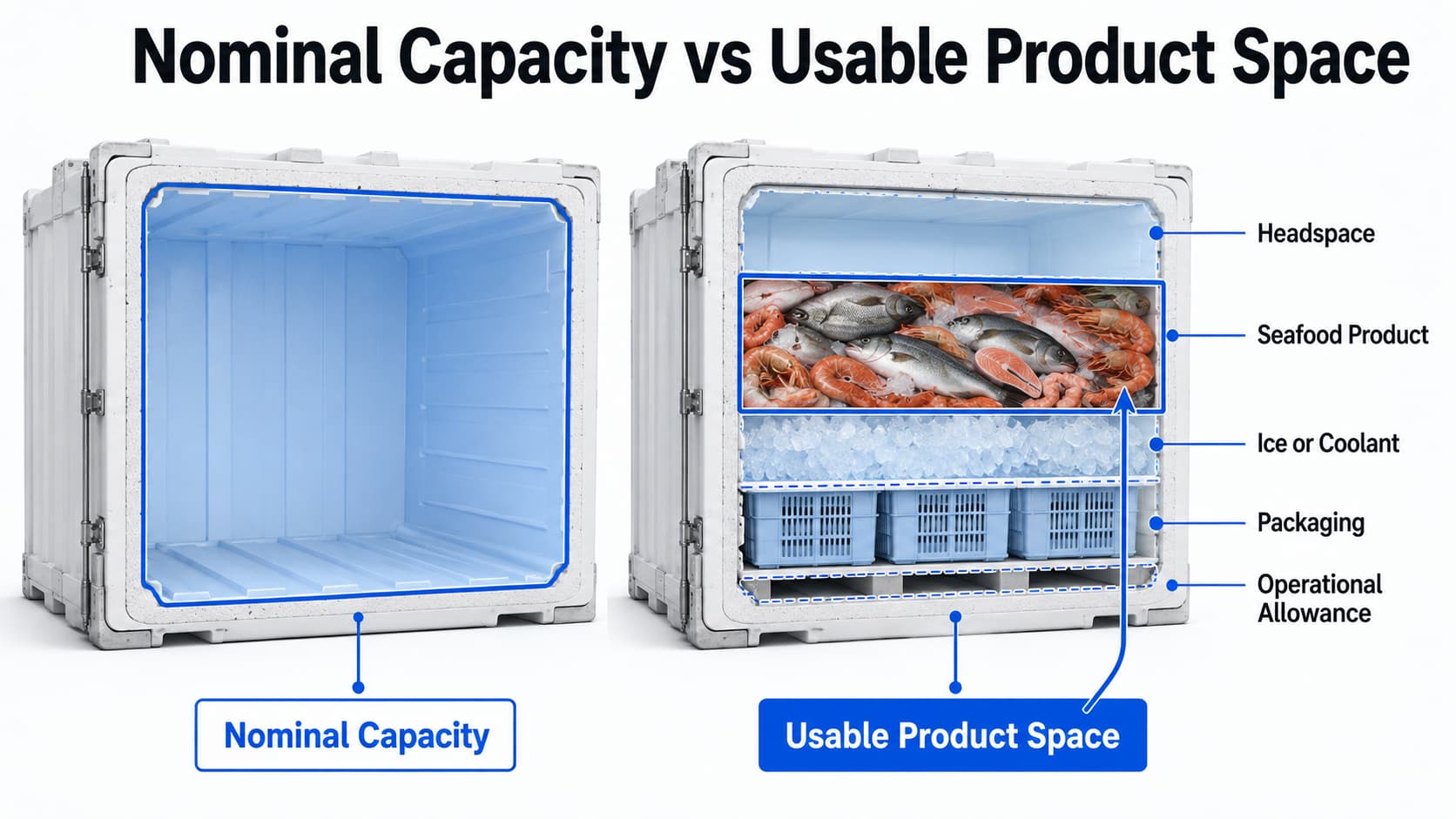 Nominal seafood container capacity compared with usable product space